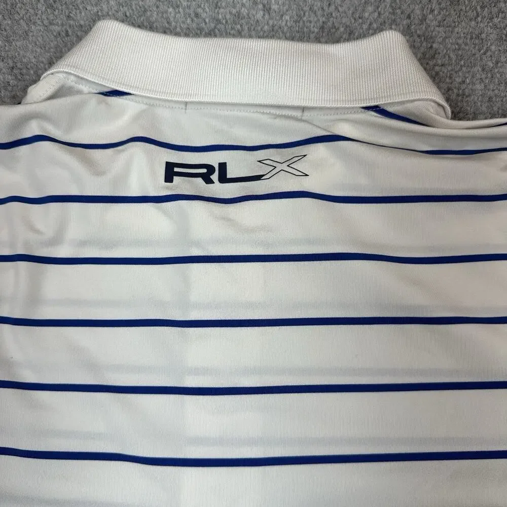 RLX Ralph Lauren Golf Polo Shirt Mens M White Blue Stripe Stretch Performance